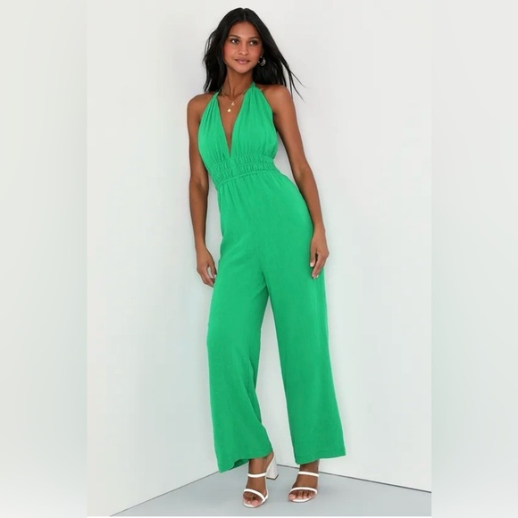Lulus Pants - NWT Stunning Season Green Backless Wide Leg Halter
Jumpsuit size:L